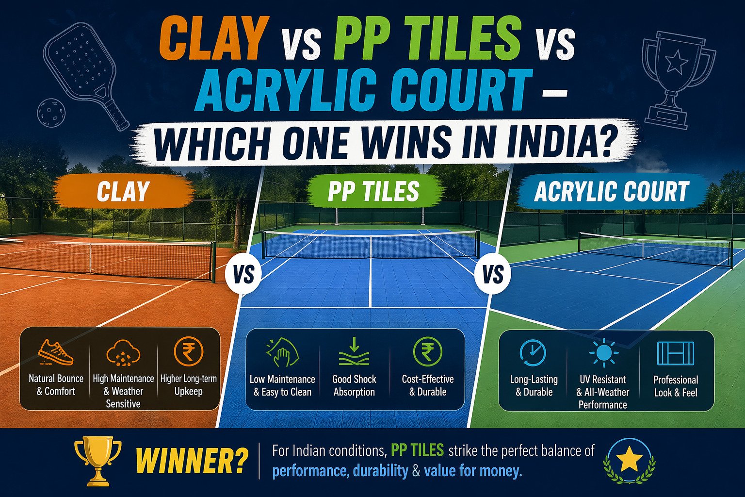 Clay vs PP Tiles vs Acrylic Court – Which One Wins in India