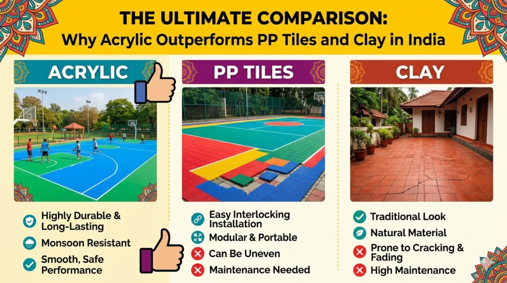 Why Acrylic Outperforms PP Tiles and Clay for Sports Surfaces in India