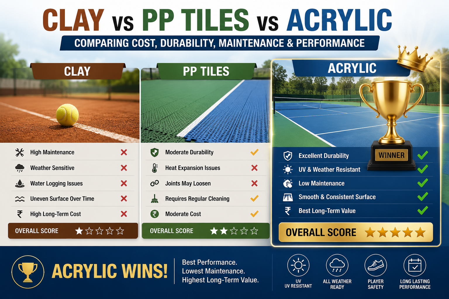 Clay vs PP Tiles vs Acrylic