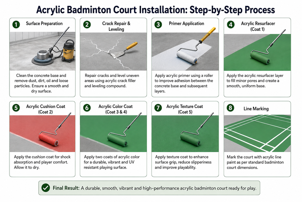 Acrylic badminton court installation step-by-step process showing surface preparation, crack repair, primer application, acrylic resurfacer, cushion coat, color coats, texture coat, and final court line marking.